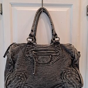 Elegant Black Distressed Denim Boston Styled Crossbody Shoulder Bag